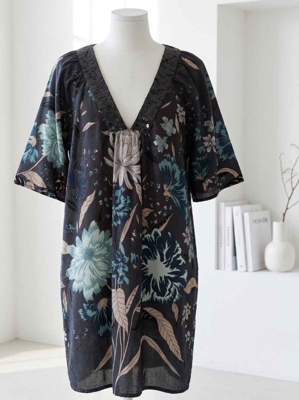 Vero Moda| Black Sequinned Muumuu Dress with Teal & Beige Floral Accents Sz M